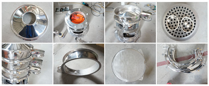 不銹鋼振動(dòng)篩結(jié)構(gòu)展示：防塵蓋，出料口，閘門，篩網(wǎng)于彈跳球，底座，振動(dòng)彈簧等。