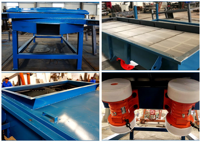 方形振動篩出料口,篩網和網架,進料口,振動電機等細節展示。