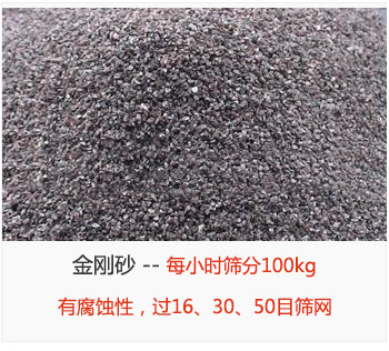 篩分金剛砂每小時(shí)100kg，有腐蝕性，過(guò)16、30、50目篩網(wǎng)