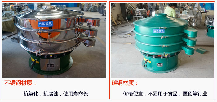 800型振動篩有不銹鋼和碳鋼兩種材質，不銹鋼材質：抗氧化，抗腐蝕，使用壽命長 碳鋼材質：價格便宜，不易篩分食品，化工，醫藥等行業的物料。