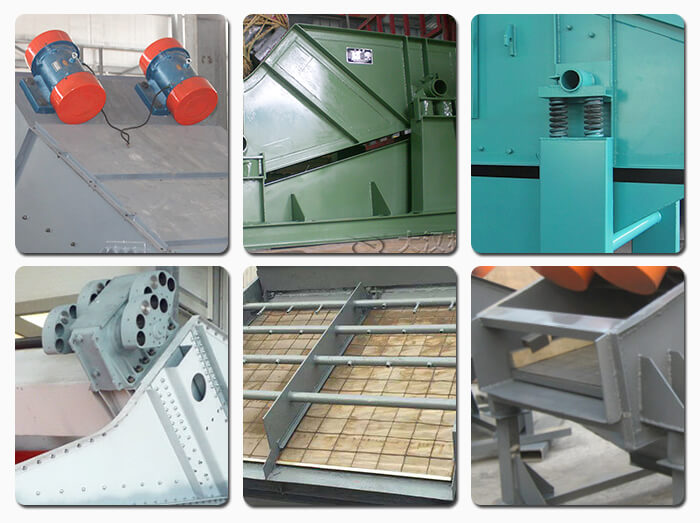 礦用振動篩主要由激振器、篩體、篩網、減振裝置及座架等組成。篩箱由篩框、篩板、襯板等組成