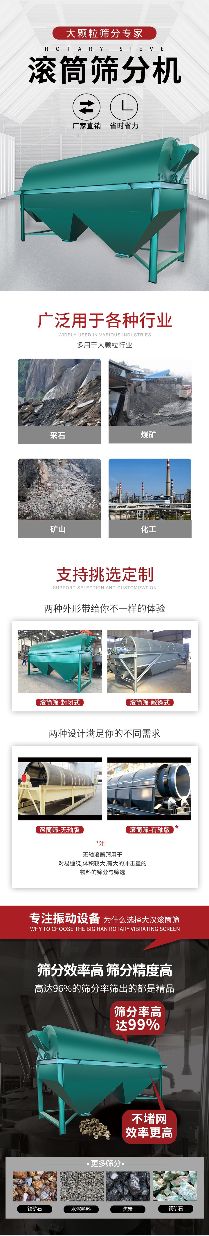 滾筒篩分機(jī)大顆粒篩分專(zhuān)家：廠(chǎng)家直銷(xiāo)，省時(shí)省力。滾筒篩被廣泛應(yīng)用各種行業(yè)：多用于大顆粒行業(yè)例如：采石，煤礦，礦山，化工等。滾筒篩定制類(lèi)型有哪些：封閉式與敞篷式產(chǎn)品結(jié)構(gòu)分為：無(wú)軸式，有軸式兩種，無(wú)軸滾筒篩用于對(duì)纏繞，體積較大，有大的沖擊量的物料的篩分與篩選。滾筒篩篩分效率高篩分精度能夠達(dá)到：96%也比較適用于鐵礦石，水泥熟料，焦炭，銅礦石。滾筒篩特點(diǎn)：不飛粉末：密封隔離罩，密封性好，工作過(guò)程不會(huì)出現(xiàn)飛粉現(xiàn)象。外型尺寸是按筒體長(zhǎng)計(jì)