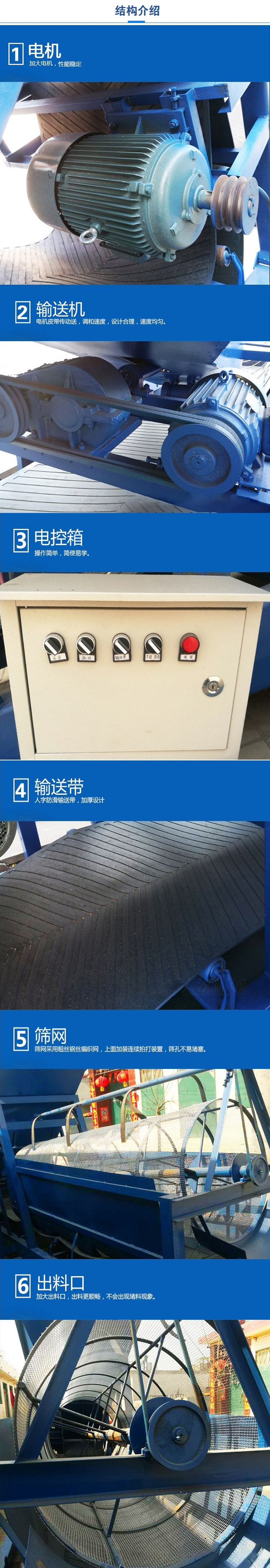 移動篩沙機結構:電機，加大電機，性能相對比較穩定。輸送機：電機皮帶傳動送，調和速度，設計合理，速度均勻。電控箱：操作簡單，簡便易學。輸送帶：人字防滑輸送帶，加厚設計。篩網，采用粗絲鋼絲編織而成的篩網，上面加裝連續拍打裝置，篩孔不易堵塞。出料口：加大出料口，出料更順暢，不會出現堵料現象。