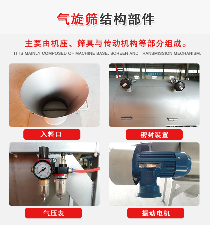 氣旋篩結構：入料口，密封裝置，電機，氣壓表等