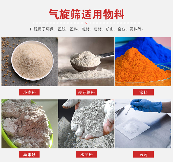 氣旋篩適用物料：小麥粉，麥芽糖粉，涂料，等粉狀物料。