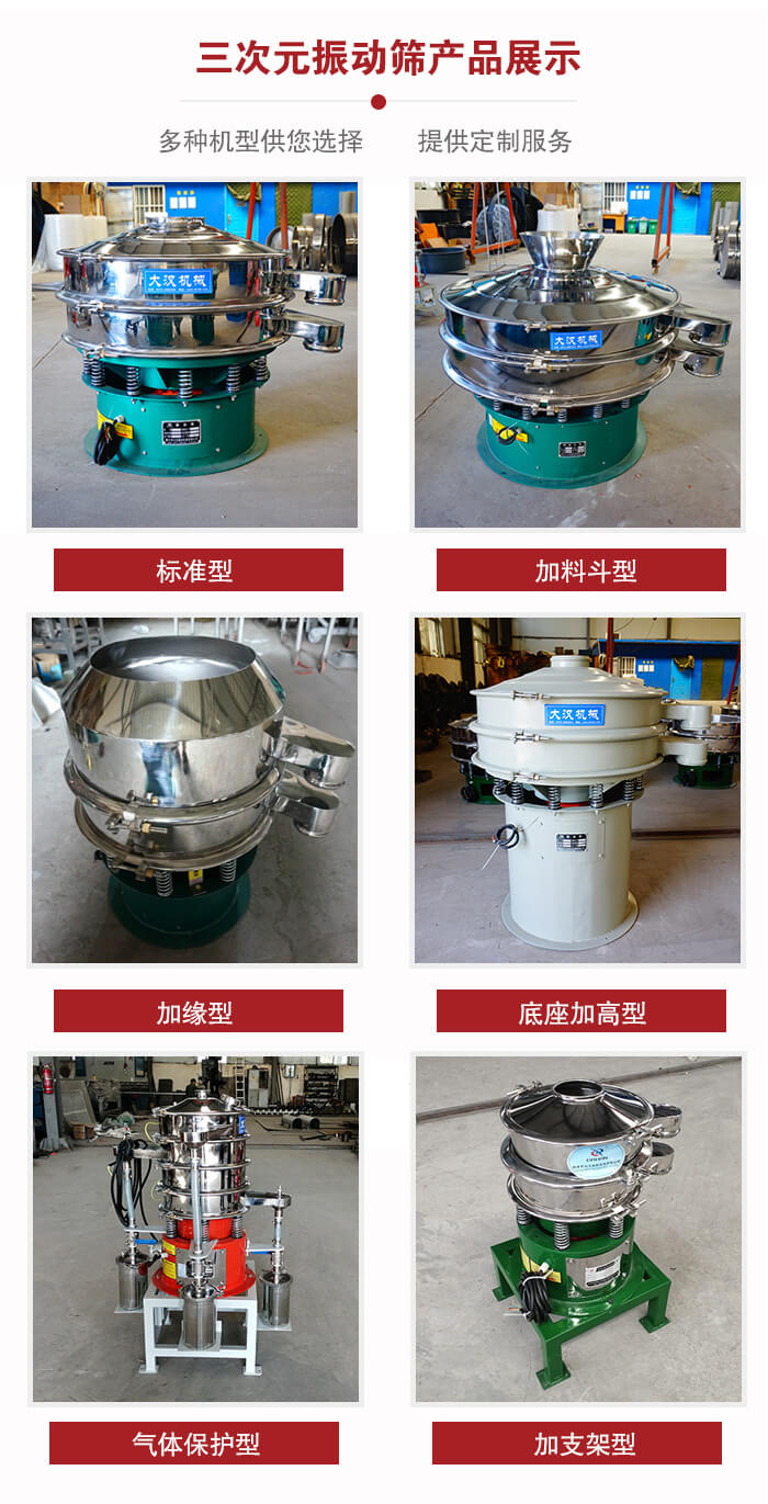 三次元振動(dòng)篩不同結(jié)構(gòu)展示：標(biāo)準(zhǔn)型，加料斗型，加緣型，底座加高型，氣體保護(hù)型，加支架型。