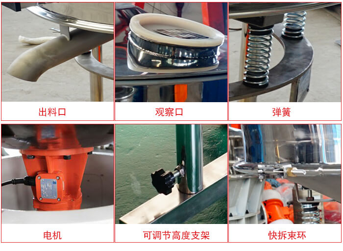高頻篩細(xì)節(jié)展示：出料口，觀察口，彈簧，電機(jī)，可調(diào)節(jié)高度支架，快拆束環(huán)。